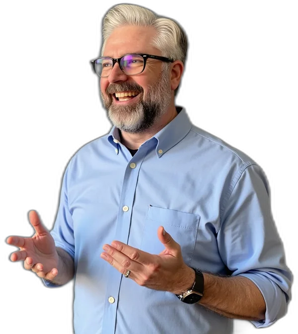 Jeremy Kenerson of DeskTeam360 laughing and talking with his hands